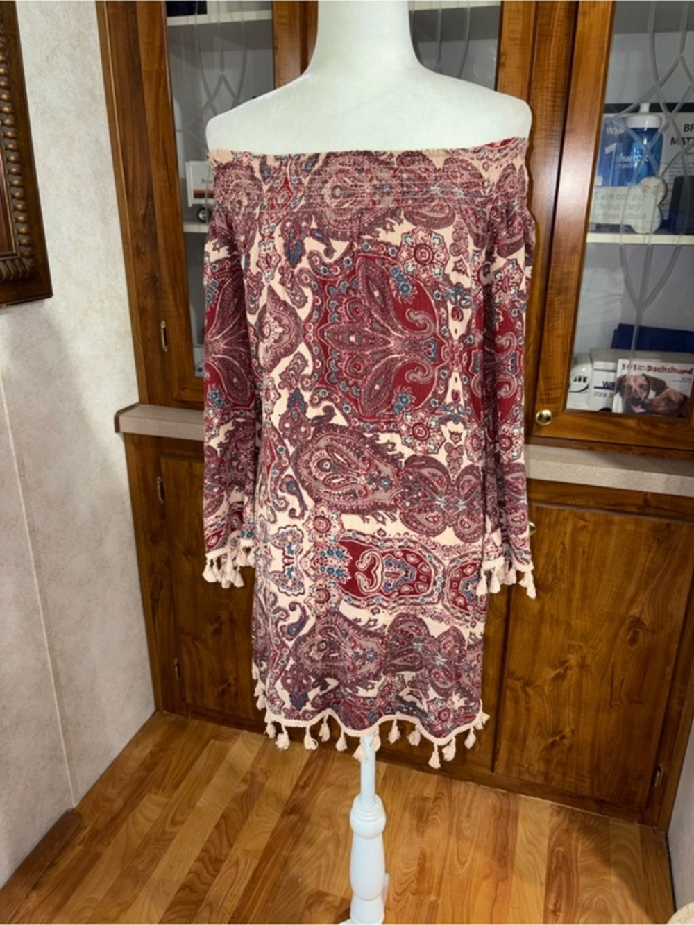 Paper Doll size medium Off-Shoulder Paisley Tassel Hem Dress - Red & Cream